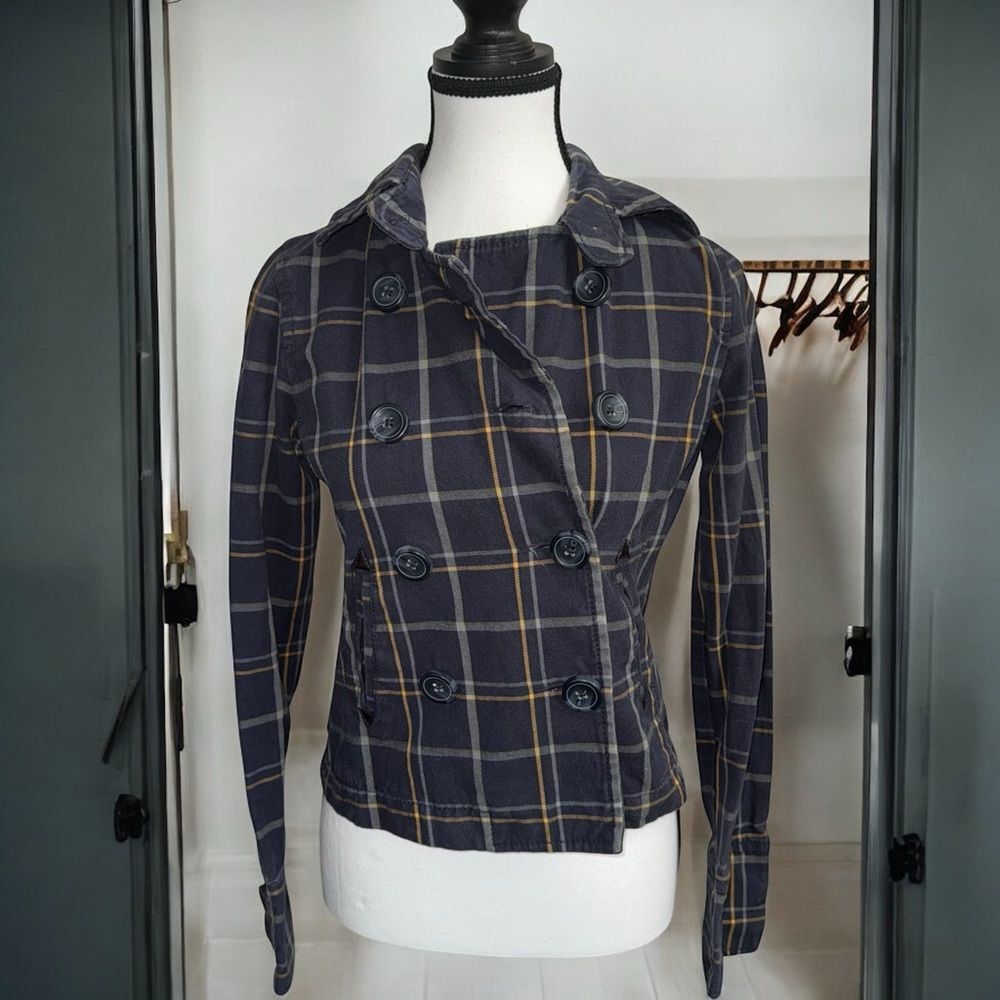 Aeropostale Blue and Yellow Pea Coat Modern Plaid Size Small /Petite